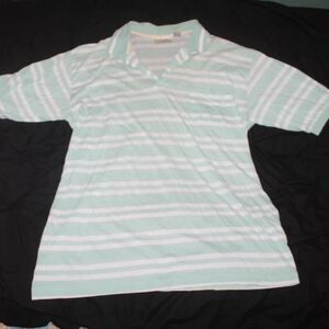 Vintage Trent Sport Men's Light Green and White Striped Short Sleeve Polo XXL